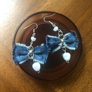 Denim Bow Dangle Earrings with Pearlescent Hearts